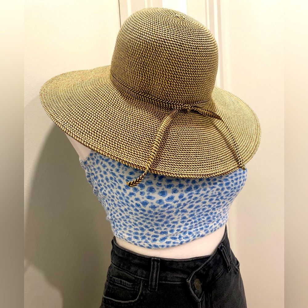 Tan & Black Straw Wide Brimmed Beach Adjustable Sun Hat